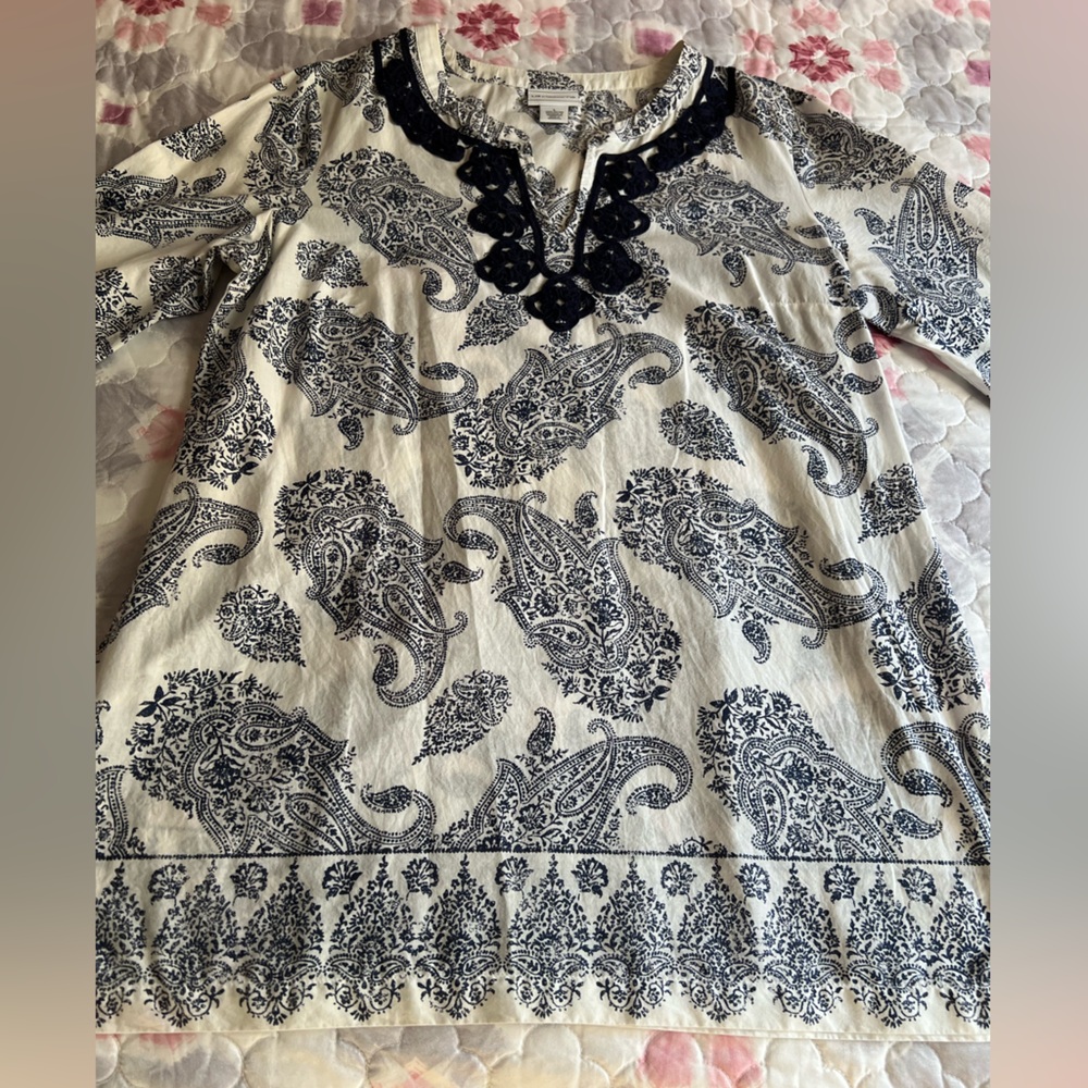 Liz Claiborne Navy and White Paisley Tunic Embroidery 3/4 Sleeves 100% Cotton LG - Picture 2 of 11